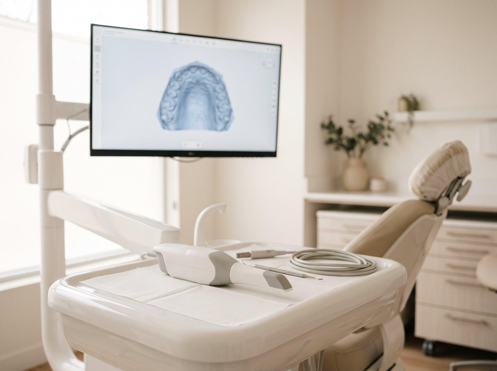 Skaner wewnątrzustny na unicie, w tle monitor z modelem 3D zębów