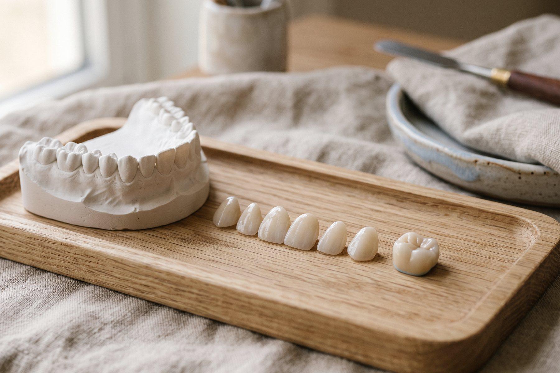 Licówki i korona porcelanowa na dębowej tacy obok modelu zębów