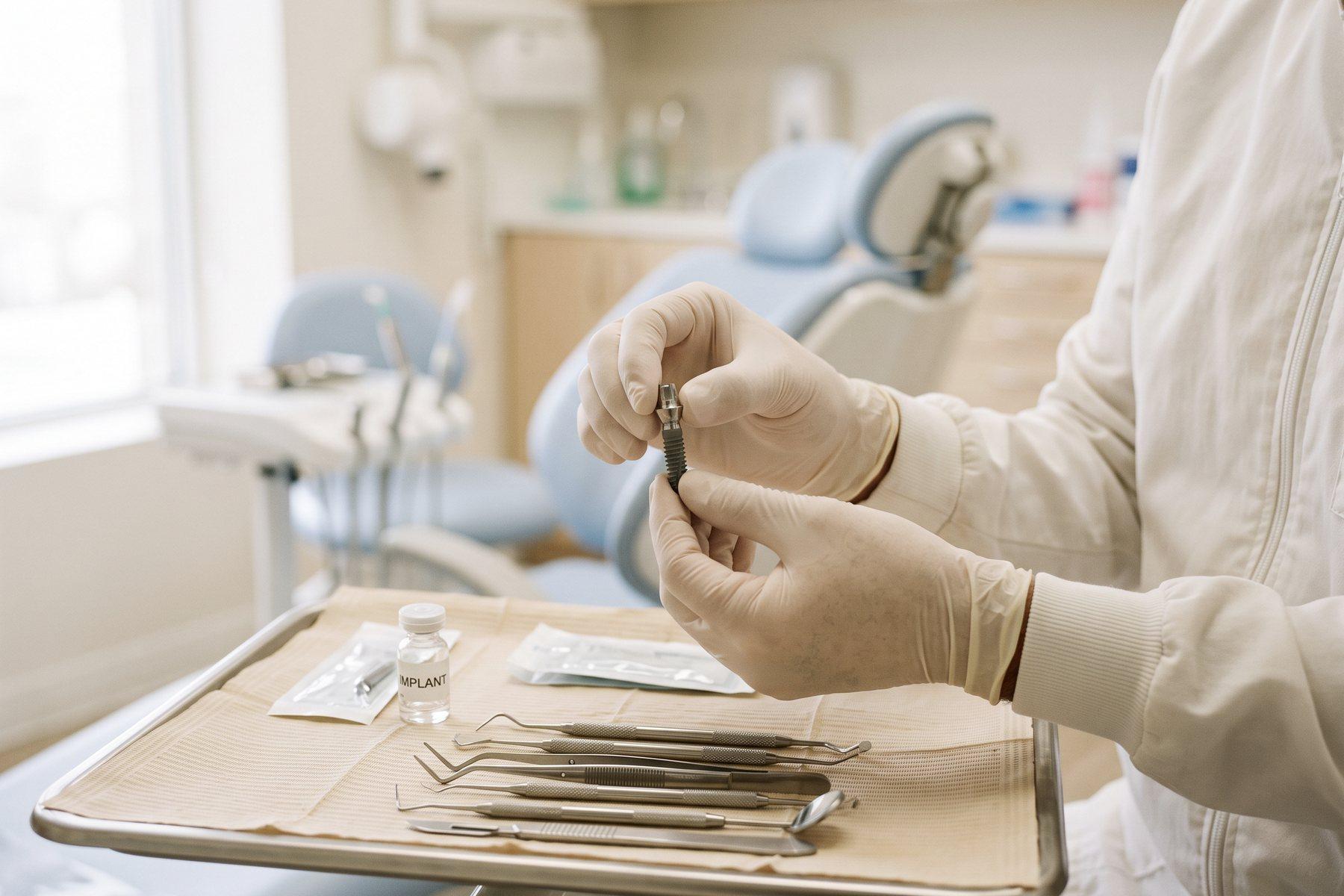 Dłonie lekarza w rękawiczkach z modelem implantu nad tacą z narzędziami